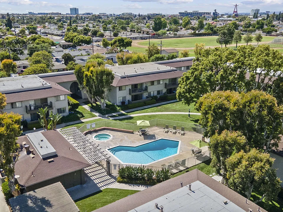 Aerial view of Strada Apartments in Orange, CA