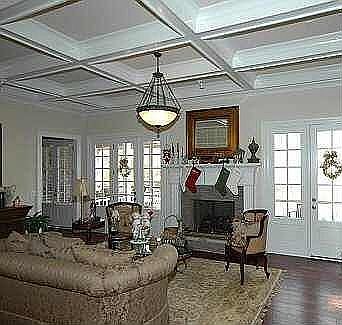 Great Room with Double French Doors and Cooered Ceiling