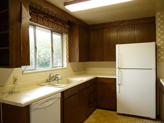 Bright kitchen overlooking backyard