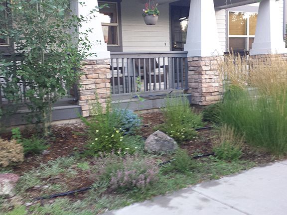 Lovely but low maintenance landscaping in front.