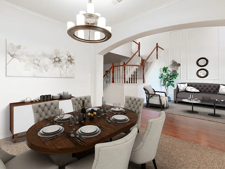Virtually staged formal dining area and formal living area