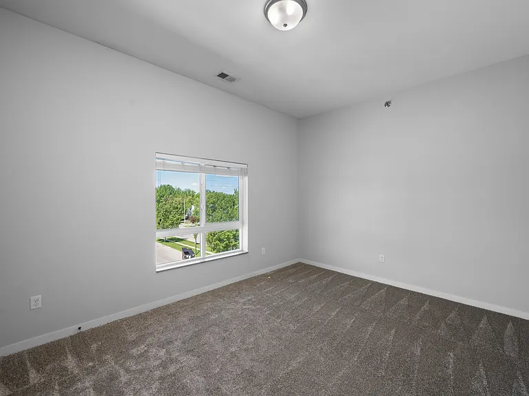 Bright, spacious empty room with plush carpet and a large window overlooking green trees. Bright, spacious empty room with plush carpet and a large window overlooking green trees.