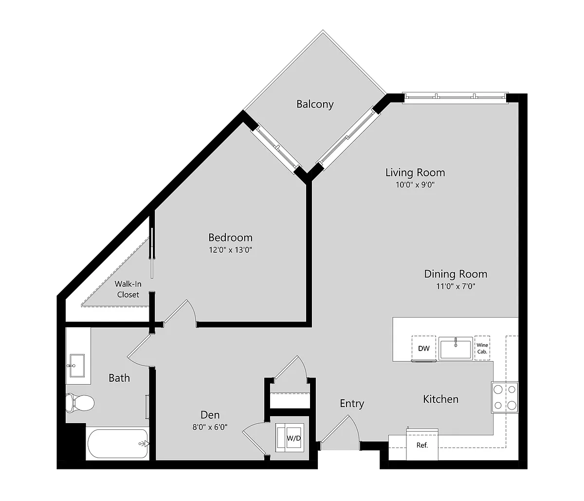 Floor plan 1 Bed 1 Bath Flat + Den B