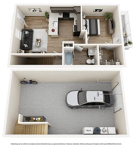 Floor plan 1 Bedroom with Drive Under Garage - 680sf