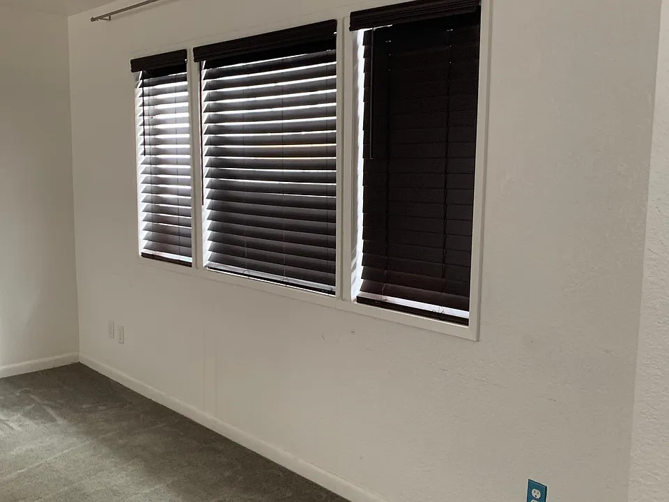 Living room with wood-style shades on 3 windows