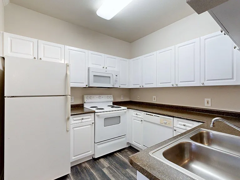 Apartment Kitchen with counter tops and Wood-Style Flooring.
