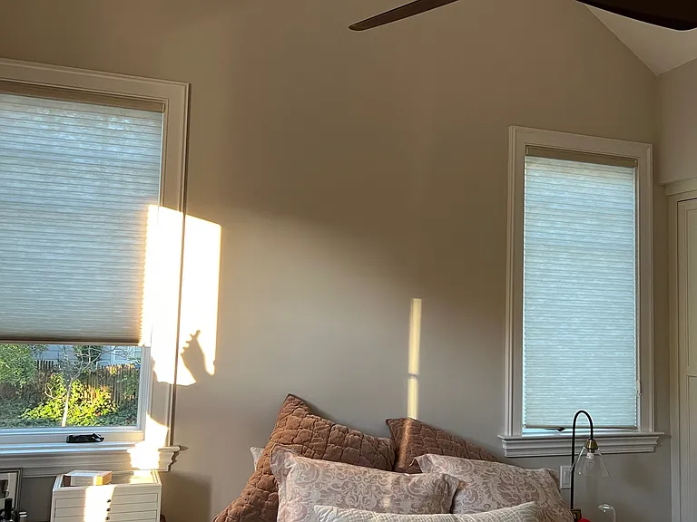 Master bedroom view showing vaulted ceiling and accent fan.