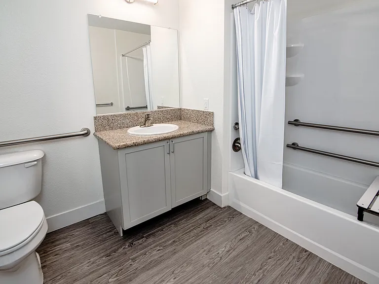 Bathroom with accessible features and stylish finishes.