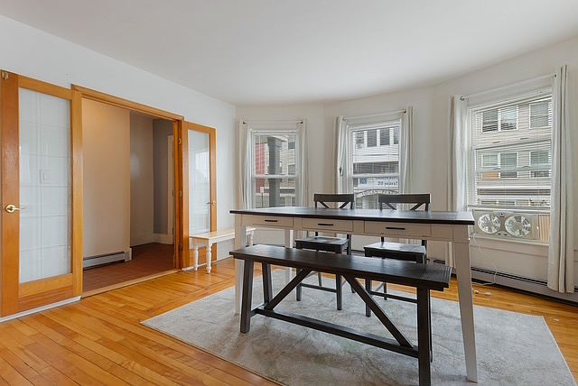 Large table that can be used for activities, work or formal dining- there is another breakfast table in the kitchen.