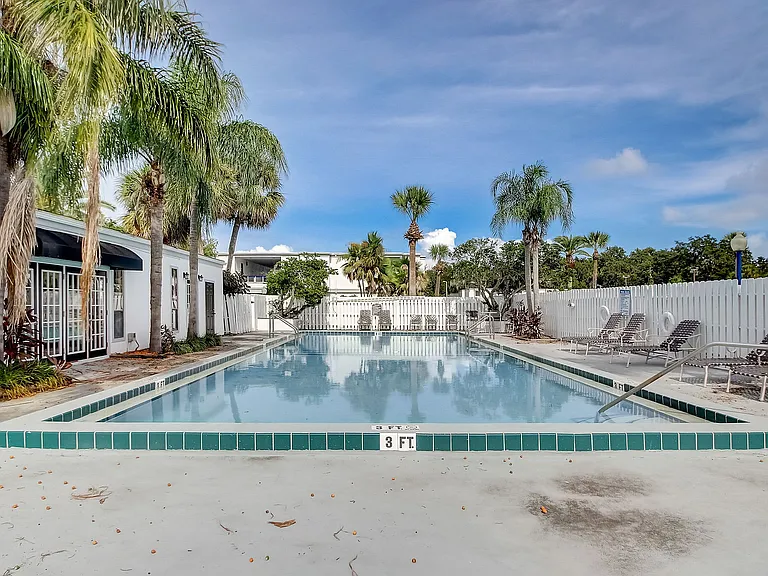 Inviting outdoor pool area with palm trees, sun loungers, and a spacious 3 ft deep swimming pool perfect for relaxation.