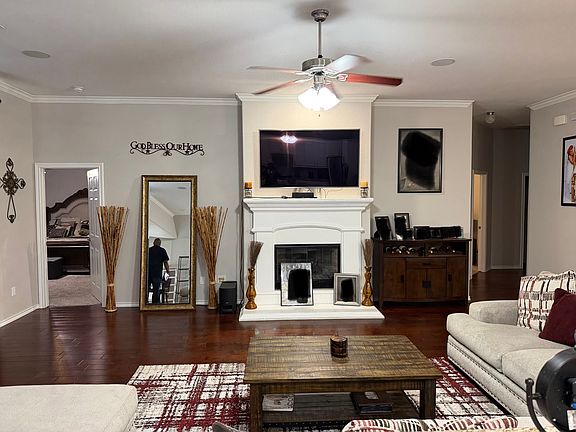 Open living room with beautiful fireplace