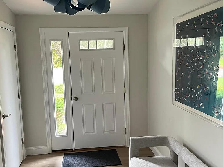 Foyer with high end light fixture.