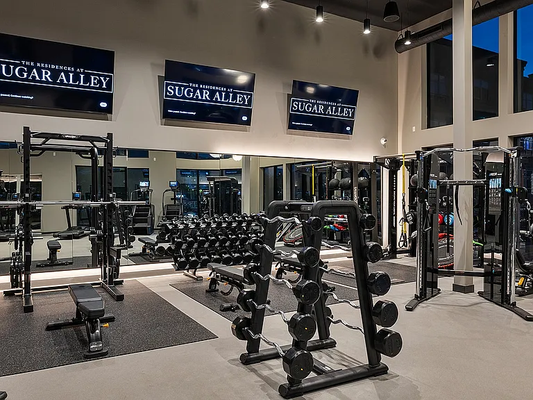 Luxury fitness center illuminated at dusk