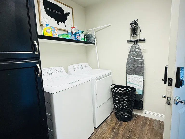 Washer/Dryer and supplies are always available and free. The laundry room is in a shared area on the 1st floor. Then keypad back to your unit and lock the door. It's very private.