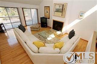 Living room with valted ceilings, hardwood floors and wood burning fireplace.