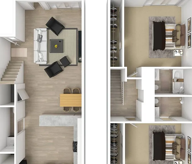 2 Bed 2.5 Bath Floorplan Diagram