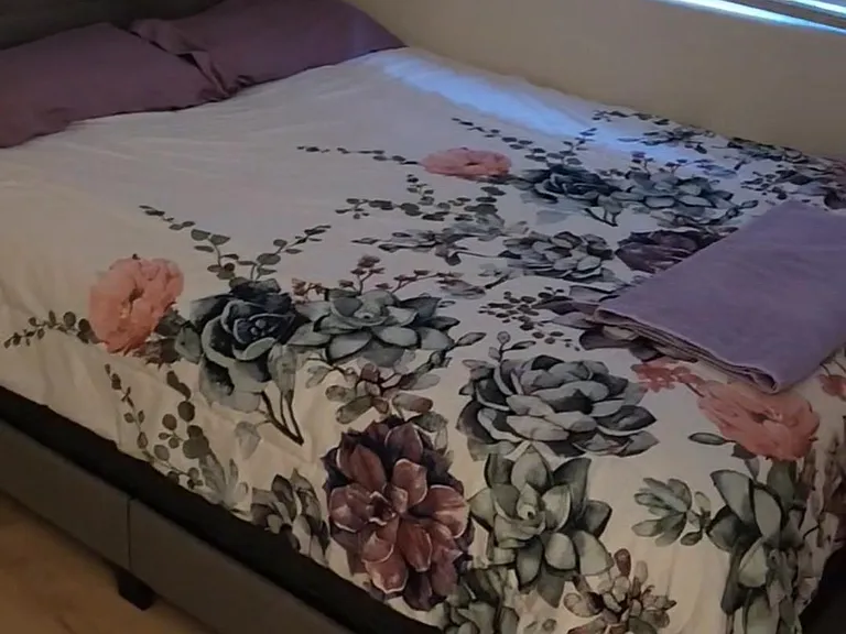 Furnished bedroom with a full-size bed, upholstered headboard, and a window with blinds for light and privacy.