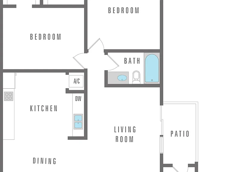 Two bedroom, one bathroom 864 sq. ft. Two bedroom, one bathroom 864 sq. ft.