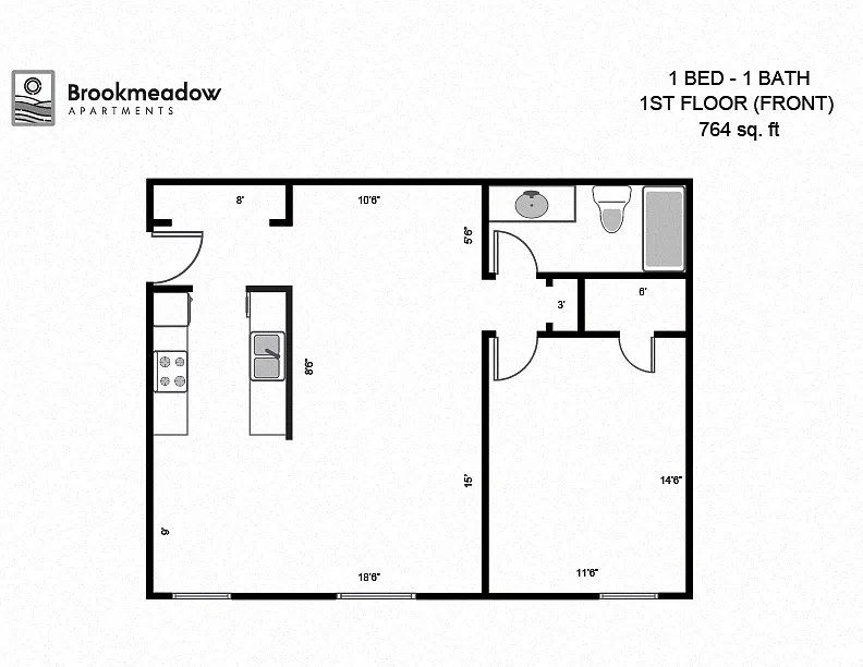 Floor plan 1 Bed, 1 Bath - 764 sq ft