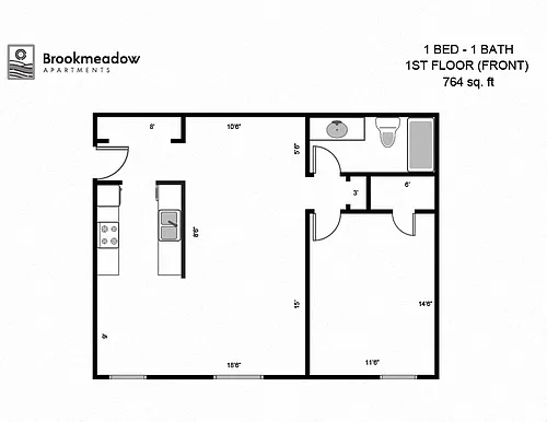 Floor plan 1 Bed, 1 Bath - 764 sq ft