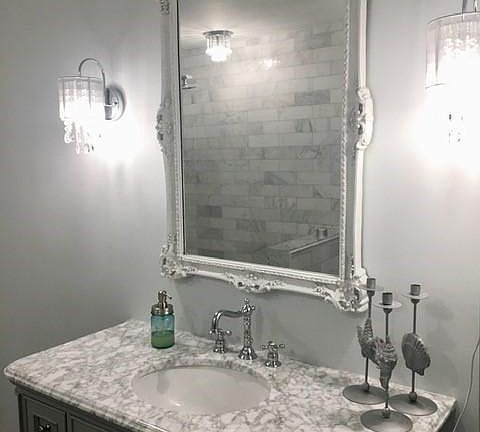 Master Bathroom; Carrera marble vanity with grey base
