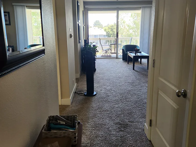 Front door entry looking toward living room and patio.