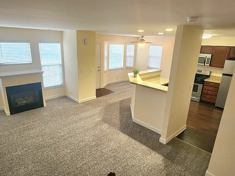 Living, Kitchen and Dining Area w/ Fireplace