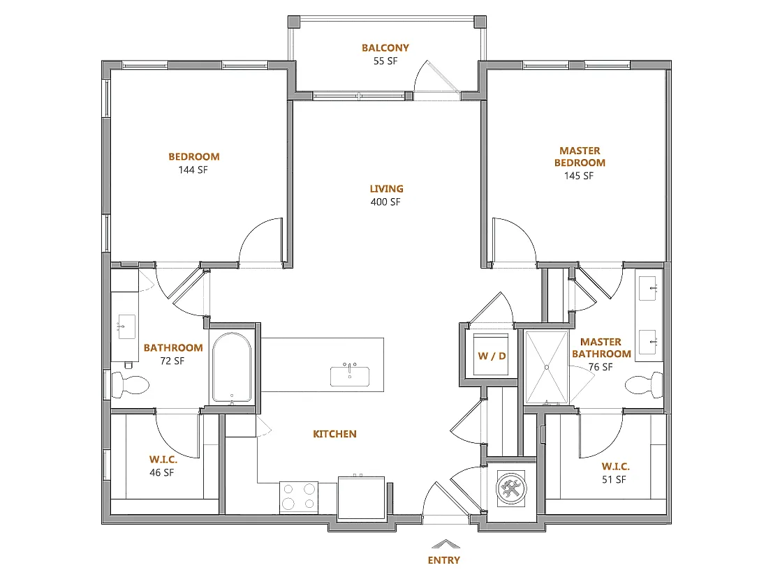 Floor plan 2 Bed, 2 Bath B (100% Income Restricted)