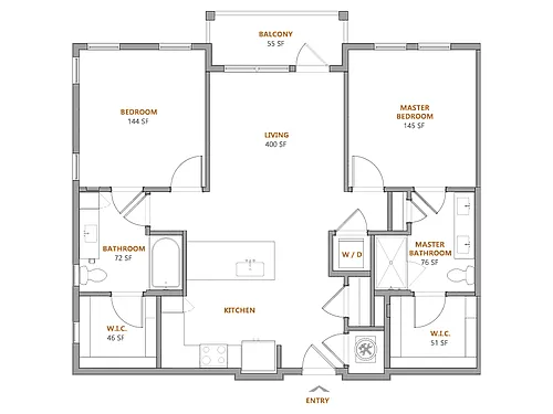 Floor plan 2 Bed, 2 Bath B
