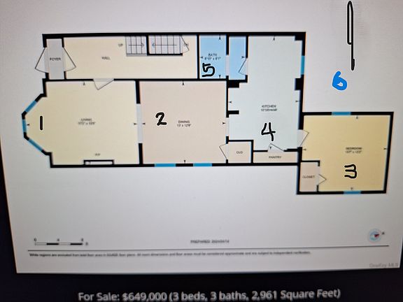 1st Floor Apt FloorPlan

1- Large Den/Bedroom
........(Has Hall entrance) & Pocket doors to separate 1&2
2 - Living Room 
........(Has Hall entrance) 
3 - Bedroom
4 - Large Eat in Kitchen
5 - Bathroom
6 - Small Outdoor area off Kitchen