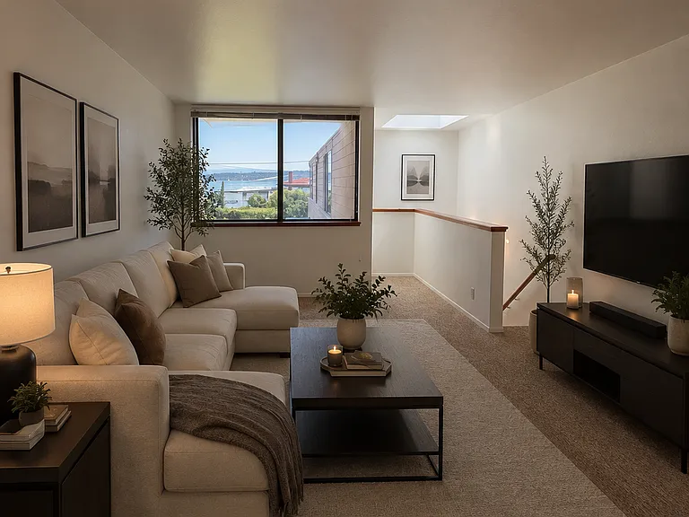 Virtually staged photo of living room, view of lake and mountains