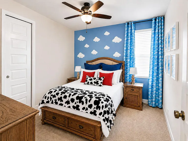 Well-appointed bedroom with a queen bed, matching nightstands, ceiling fan, and a window with blinds and curtains.