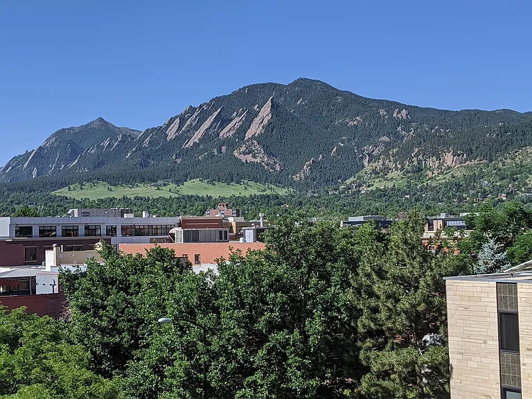 A view of our Flatirons, Boulder's famous peaks, from a rooftop downtown.