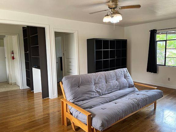 furnished living room and shelves