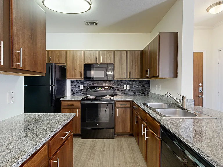 Apartment kitchen with granite countertops and wood-style flooring.