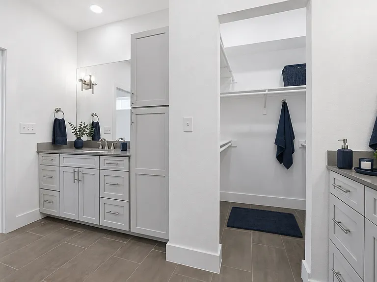 Elegant primary bath featuring a dual vanity with gray cabinetry and integrated sinks, brushed nickel fixtures, a large seamless glass shower with seating, a walk-in closet, and a private water closet.