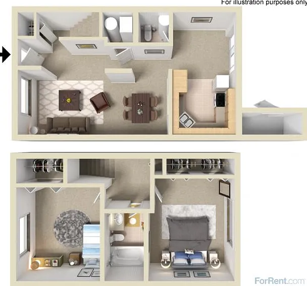 2 Bedrooms, 1.5 Bathrooms (927 Square Feet)