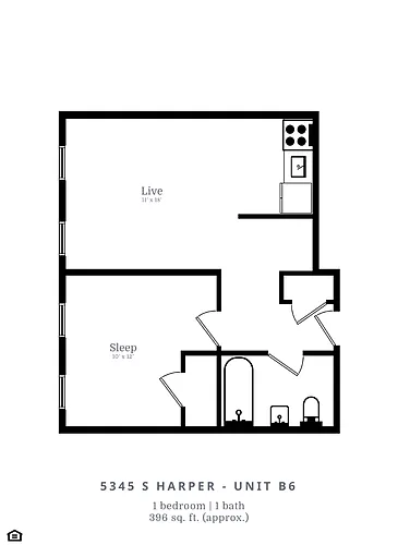 Floor plan 1 Bedroom, 1 Bathroom (B6)