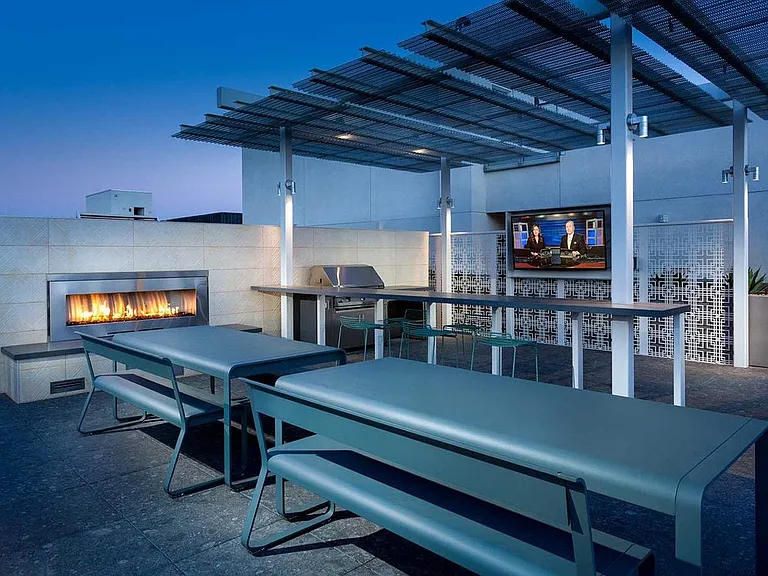 Roofdeck with outdoor fireplace, barbeque grills, flatscreen television and seating