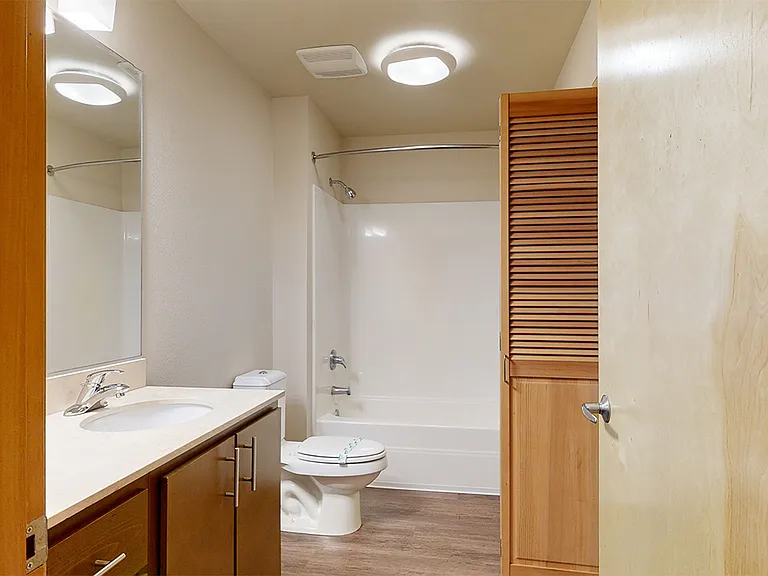 Apartment bathroom with wood-style flooring.