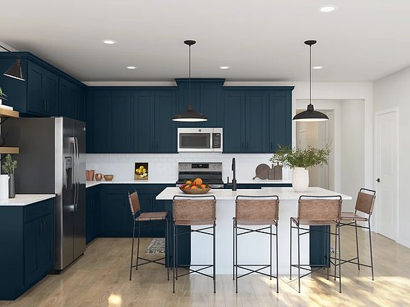 Kitchen with pendant lights and floating shelves