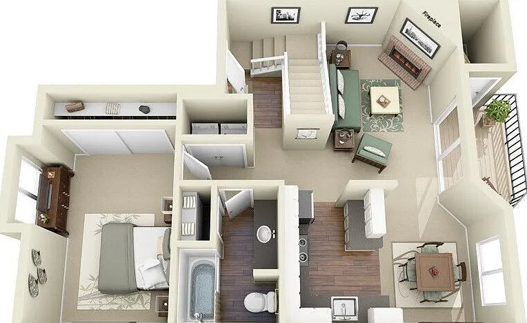 1BR / 2BA floor plan Silver Oak Apartments