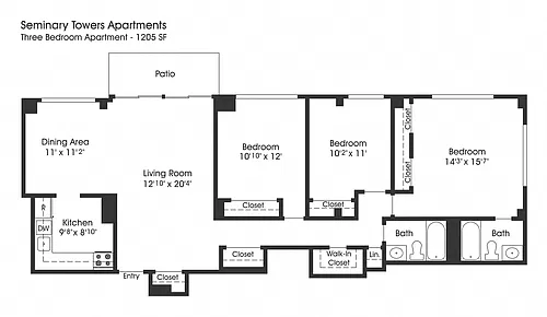Floor plan 3BR 2BA (1205sf)