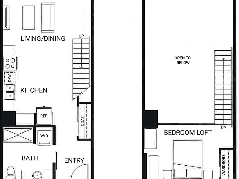 Contemporary two-level floor plan with an open-concept entry featuring a kitchen, living/dining area, and convenience bath. Upper level offers a spacious bedroom loft and open space below, ideal for modern living. Contemporary two-level floor plan with an