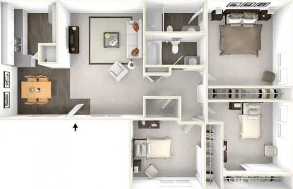 Contemporary floor plan featuring 3 elegant bedrooms, modern kitchen, inviting living room, and two stylish bathrooms. Contemporary floor plan featuring 3 elegant bedrooms, modern kitchen, inviting living room, and two stylish bathrooms.