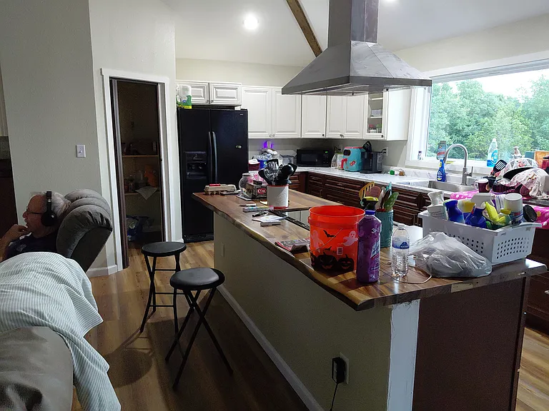 Kitchen, pantry, refrigerator, island stove and hood.