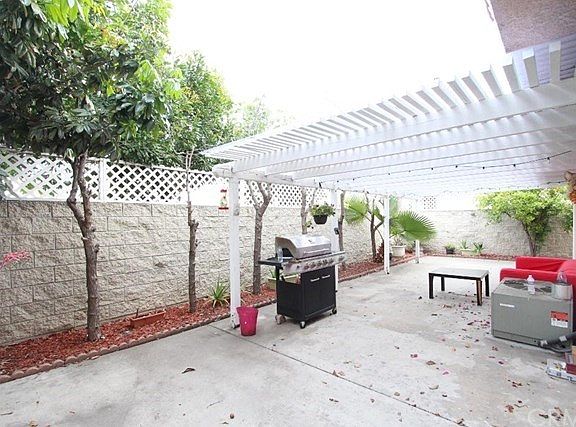 Back yard with patio and fruit trees.