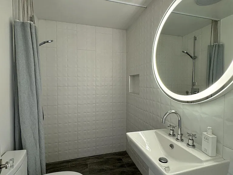 Full bathroom located in hallway. Linear drain in stone floor. Floor to ceiling ceramic large format tiles