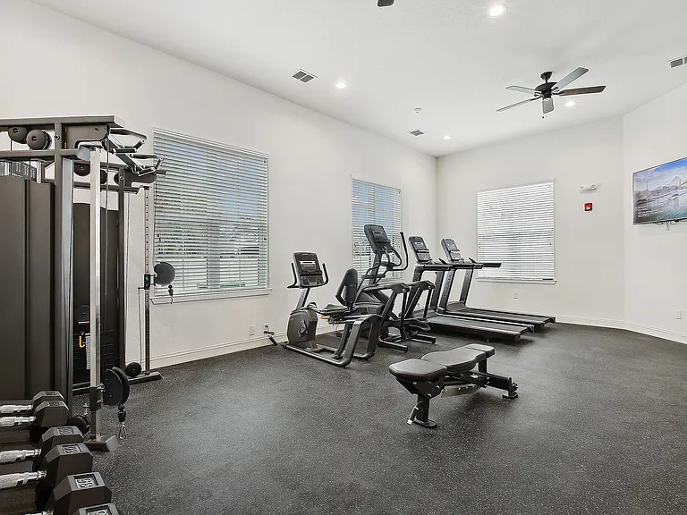 Modern fitness center with sleek exercise equipment, bright natural lighting, and a wall-mounted TV, perfect for energizing workouts.