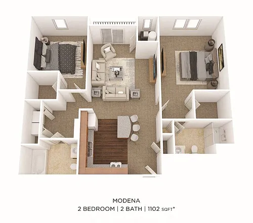 Floor plan Two Bedroom 2 Bath- 1102 sqft
